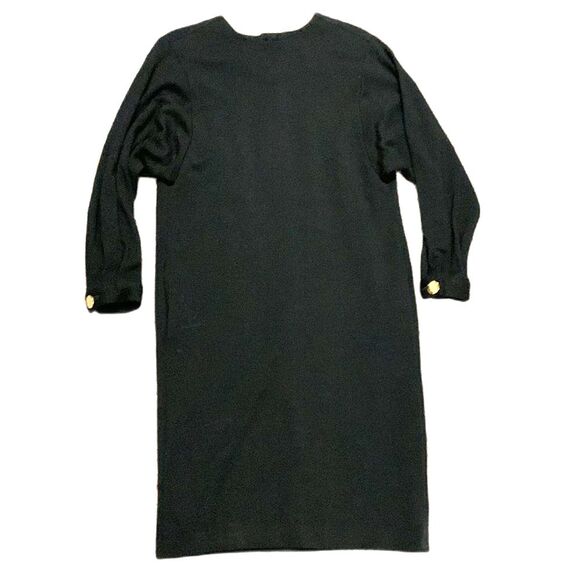 Vintage 70s N.R.1 Black Wool Double Knit Gold Button LS Shift Midi Dress Size 10 - Picture 2 of 14